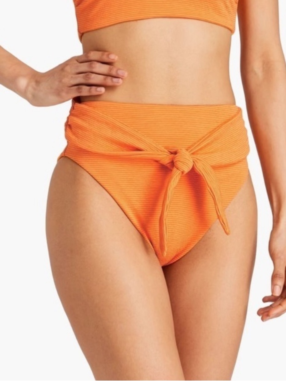 Mara Hoffman Orange Ribbed High-Waist Bikini Bottom with Tie
